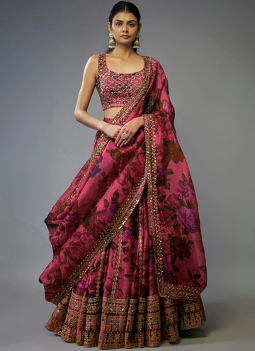 Zari Embroidered Floral Printed Pink Organza Lehenga Choli For Wedding